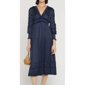 Navy V-Neck Midi Dress with Ruffle Trim
